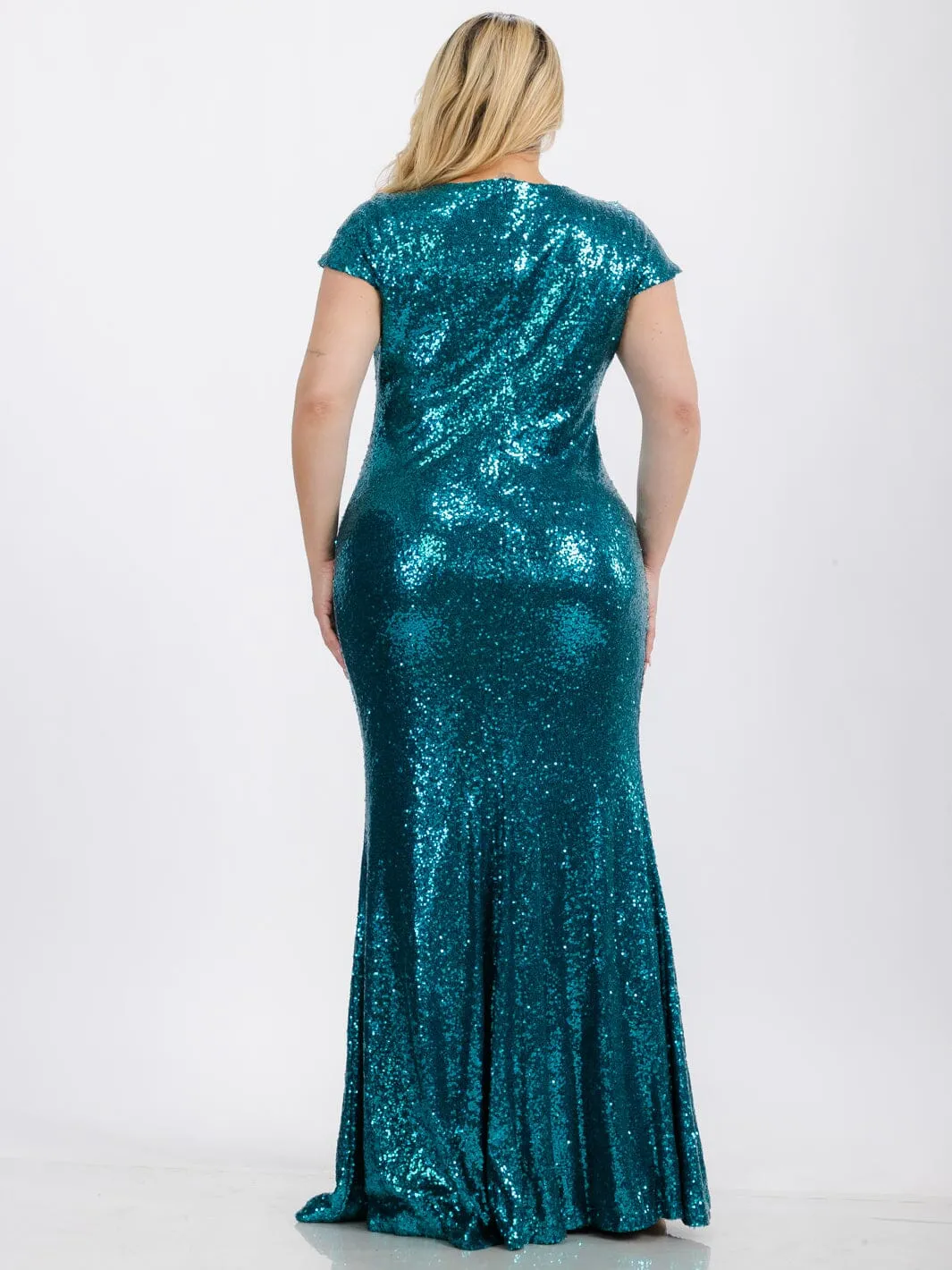 PLUS SIZE SHORT SLEEVE BODYCON SEQUINS MAXI GOWN DRESS