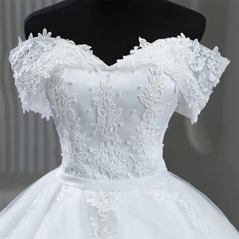 Plus Size White Wedding Dresses Off The Shoulder Wedding Gowns Elegant Long Appliques Pearls Bridal Dress Floor or Long Train