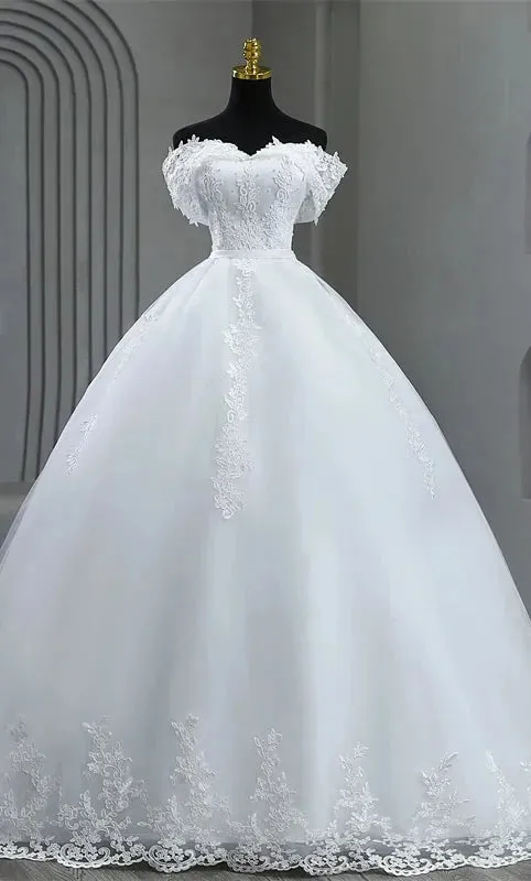 Plus Size White Wedding Dresses Off The Shoulder Wedding Gowns Elegant Long Appliques Pearls Bridal Dress Floor or Long Train