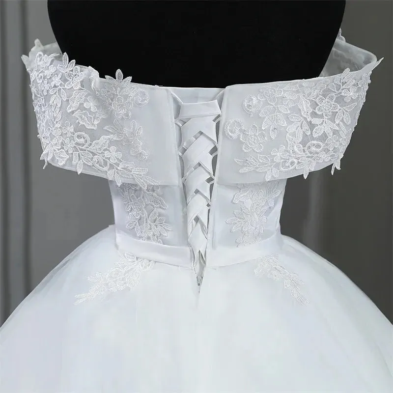 Plus Size White Wedding Dresses Off The Shoulder Wedding Gowns Elegant Long Appliques Pearls Bridal Dress Floor or Long Train