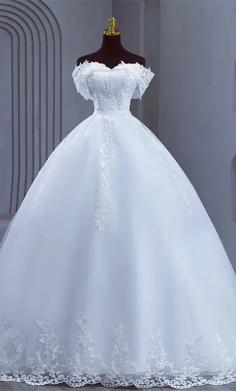 Plus Size White Wedding Dresses Off The Shoulder Wedding Gowns Elegant Long Appliques Pearls Bridal Dress Floor or Long Train