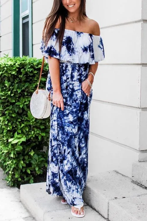 Pockets Off Shoulder Tie Dye Maxi Dress
