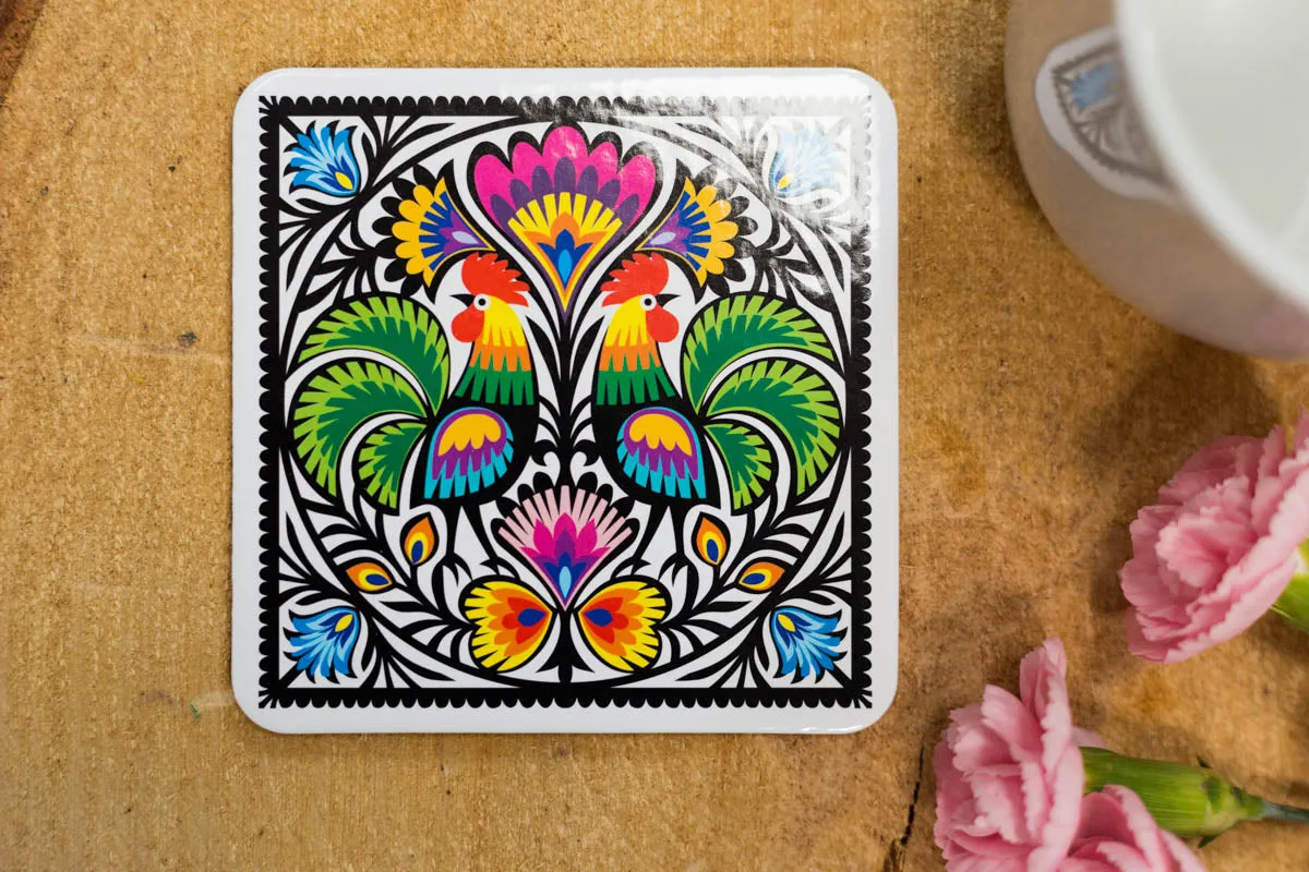 Polish Folk Cork Coasters, Set of 6 (Roosters Lowicz Folk)