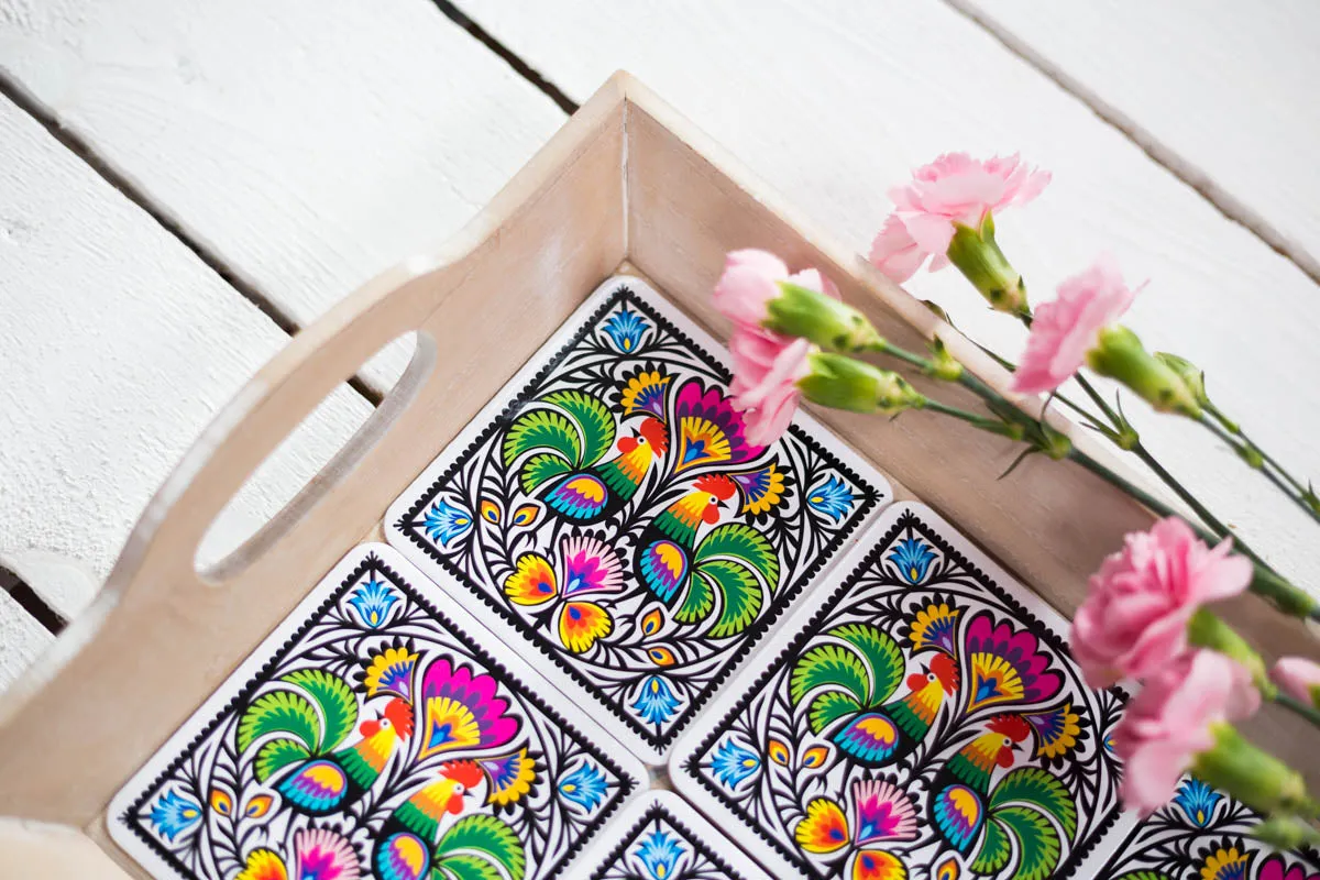 Polish Folk Cork Coasters, Set of 6 (Roosters Lowicz Folk)