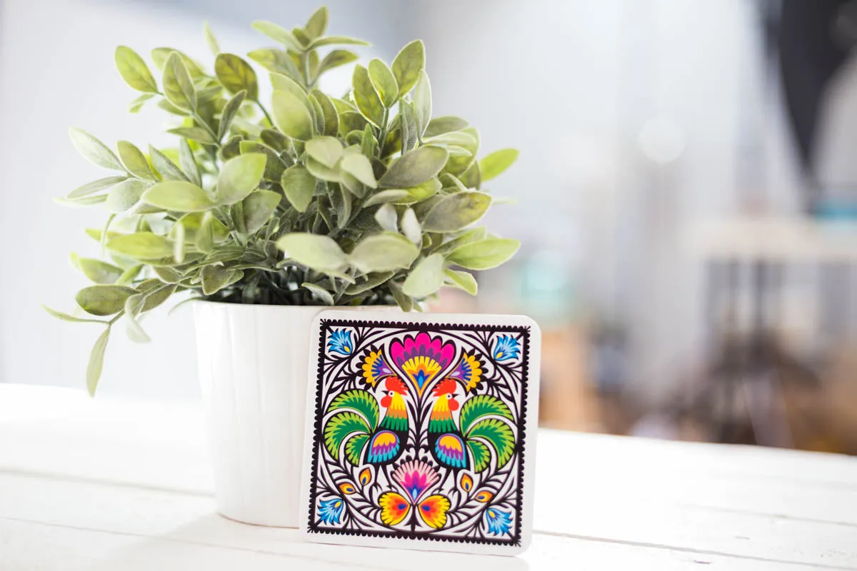 Polish Folk Cork Coasters, Set of 6 (Roosters Lowicz Folk)