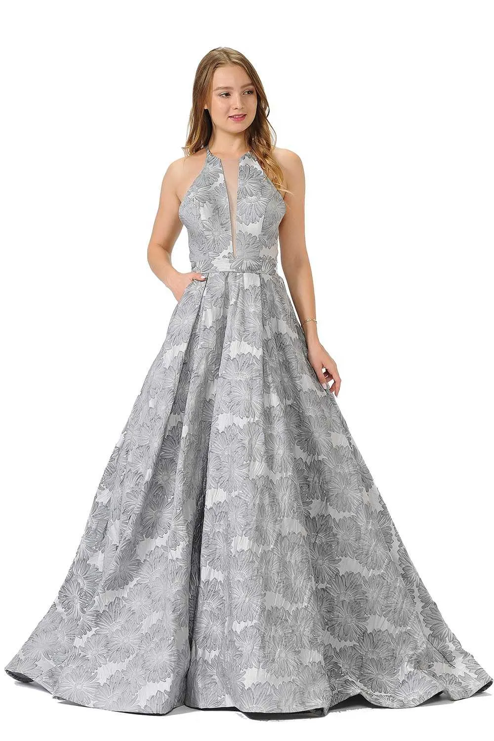 Poly Usa 8402 Sheer Cut-Out Bodice Long A-Line Prom Dress with Pockets