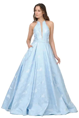 Poly Usa 8402 Sheer Cut-Out Bodice Long A-Line Prom Dress with Pockets