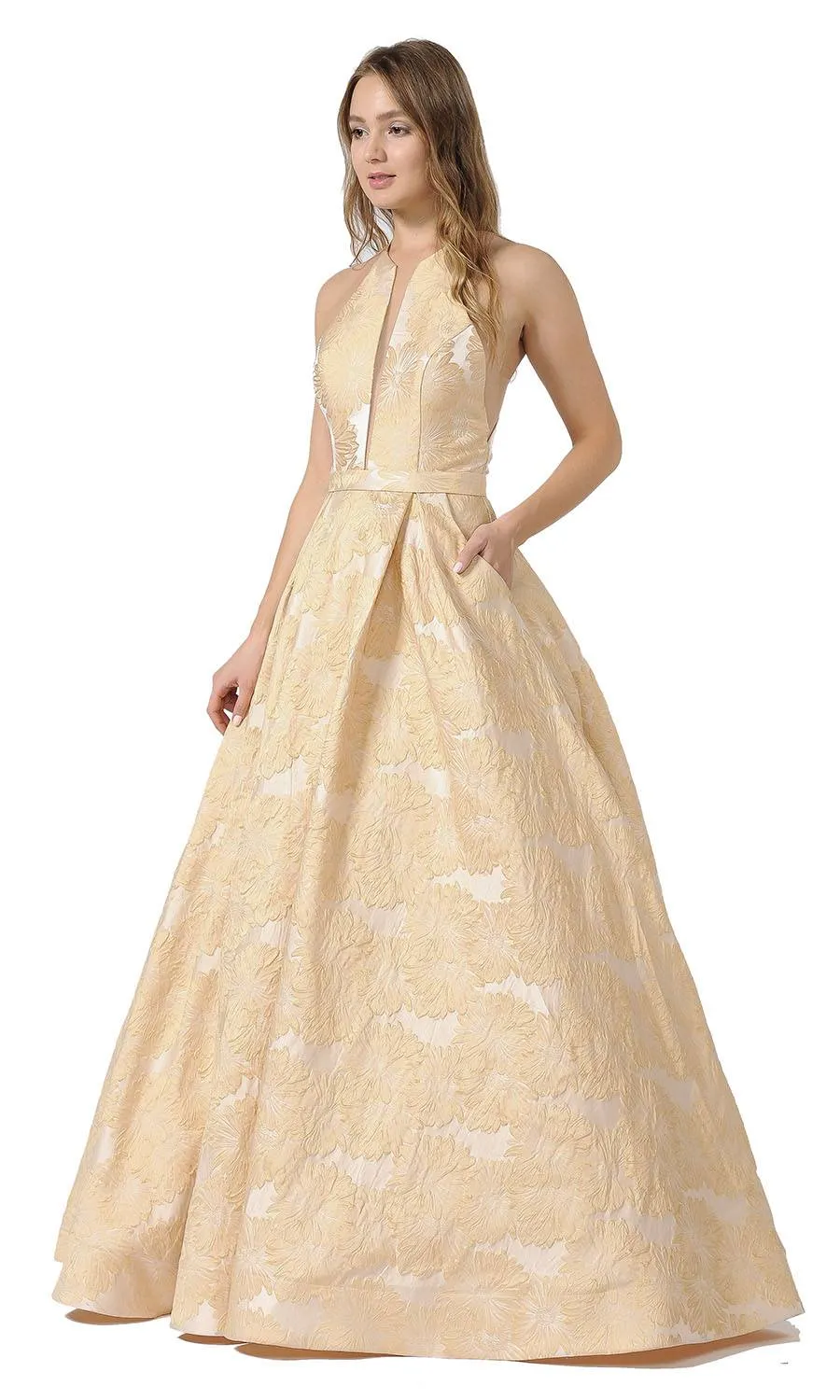 Poly Usa 8402 Sheer Cut-Out Bodice Long A-Line Prom Dress with Pockets