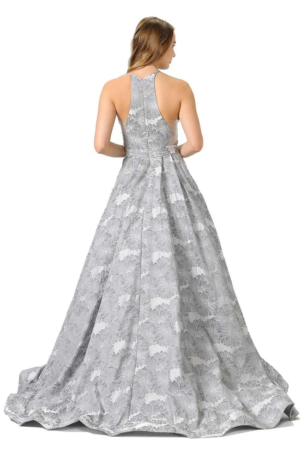 Poly Usa 8402 Sheer Cut-Out Bodice Long A-Line Prom Dress with Pockets