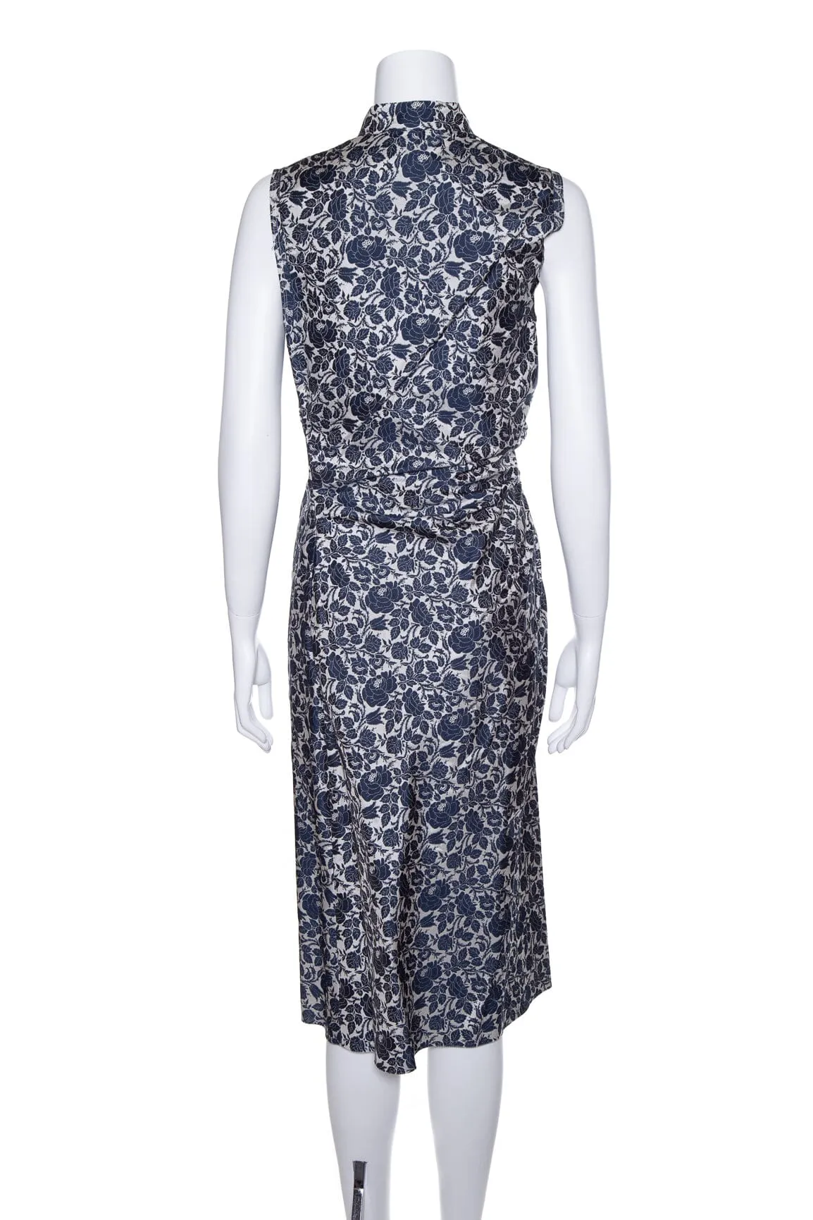 Prada Blue and White Floral Ruched Knee Length Dress SZ 44