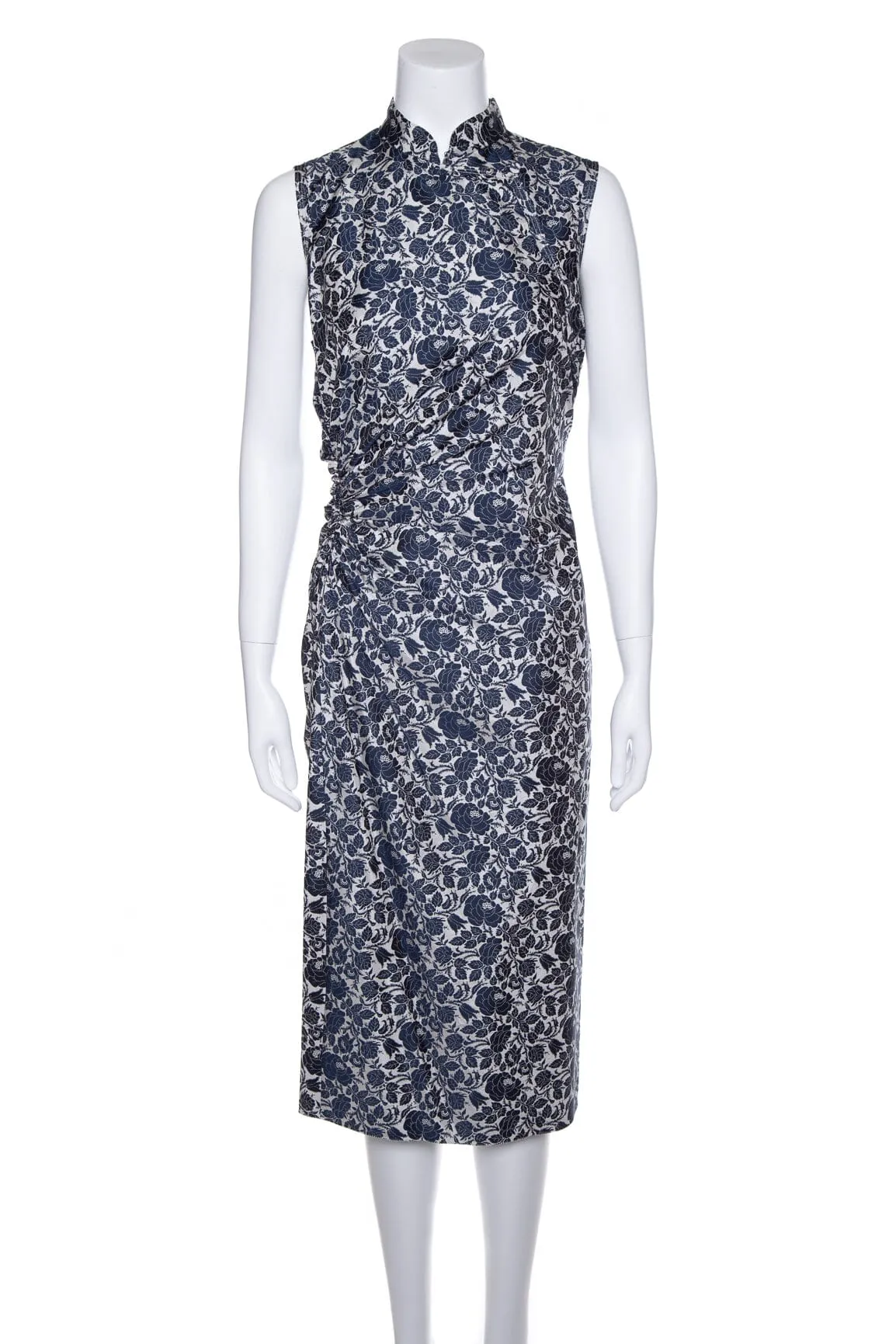 Prada Blue and White Floral Ruched Knee Length Dress SZ 44