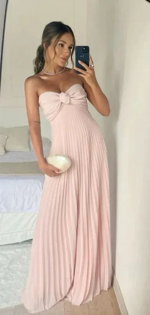 Pretty Pink A-Line Strapless Chiffon Long Party Dress Wedding Guest Dress, D689