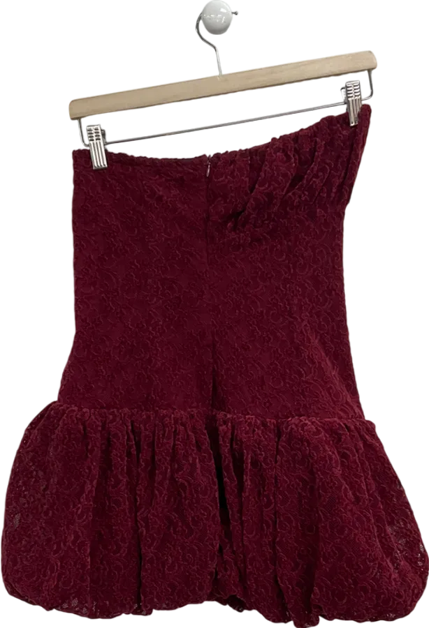 PrettyLittleThing Cherry Red Lace Bandeau Ruched Mini Dress UK 8