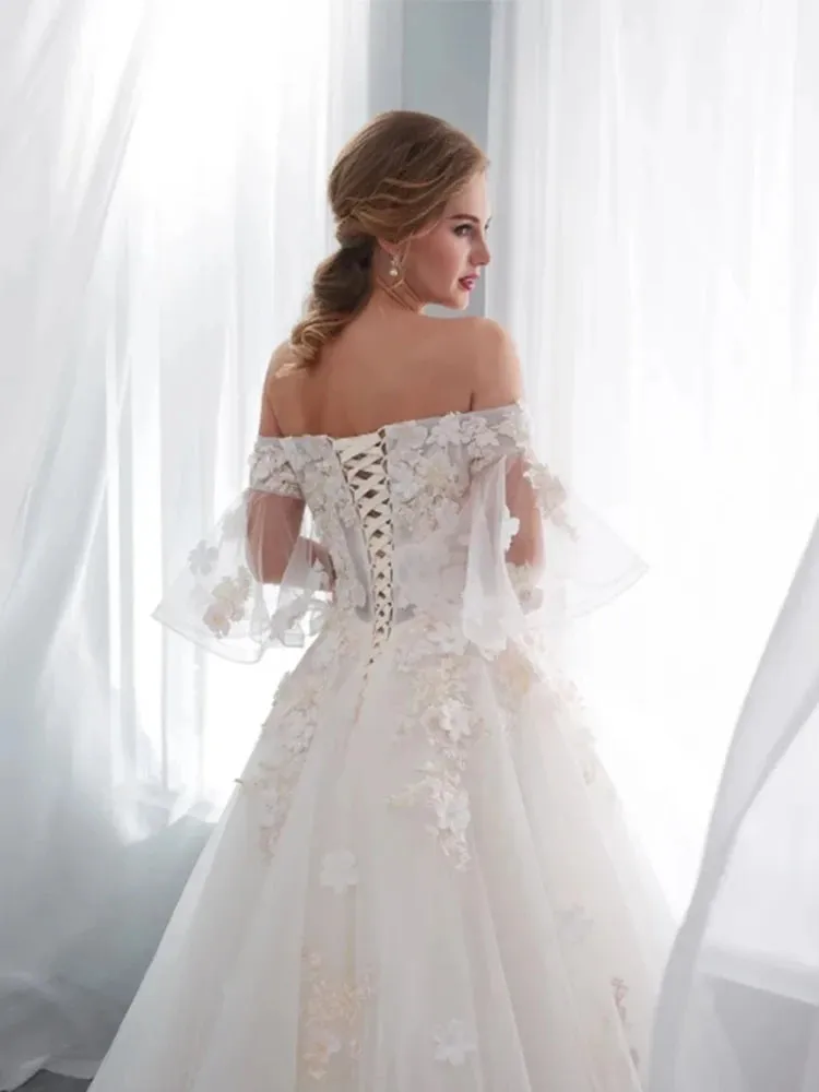 Princess A-Line Wedding Dresses Backless Half Sleeves Strapless Appliques Lace-Up Bridal Gowns Floral Vestido De Noiva