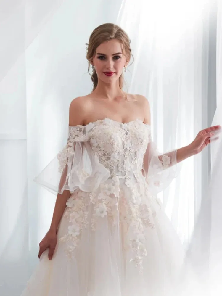Princess A-Line Wedding Dresses Backless Half Sleeves Strapless Appliques Lace-Up Bridal Gowns Floral Vestido De Noiva