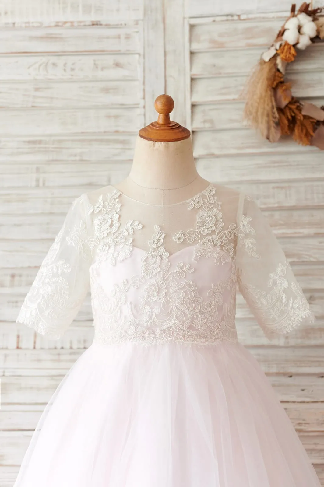 Princess Ivory Lace Pink Tulle Short Sleeves Wedding Flower Girl Dress