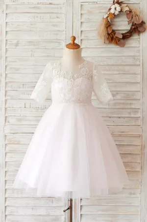 Princess Ivory Lace Pink Tulle Short Sleeves Wedding Flower Girl Dress