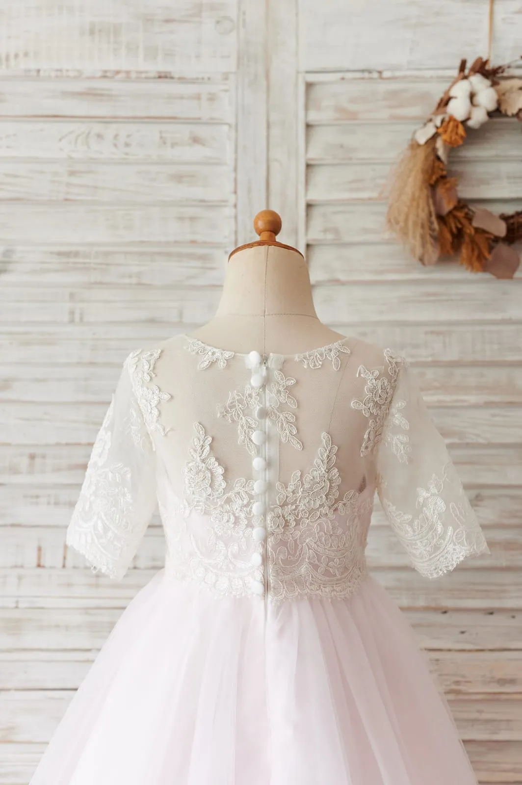 Princess Ivory Lace Pink Tulle Short Sleeves Wedding Flower Girl Dress