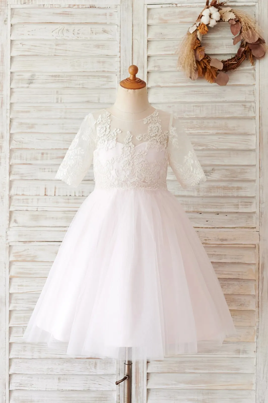Princess Ivory Lace Pink Tulle Short Sleeves Wedding Flower Girl Dress