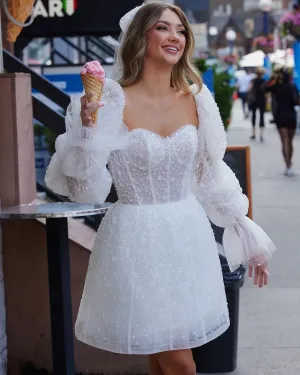 Princess Pearls 3D Flowers Short Wedding Dresses With Removable Puff Long Sleeves Sweetheart Bridal Gowns Boho Prom Dress