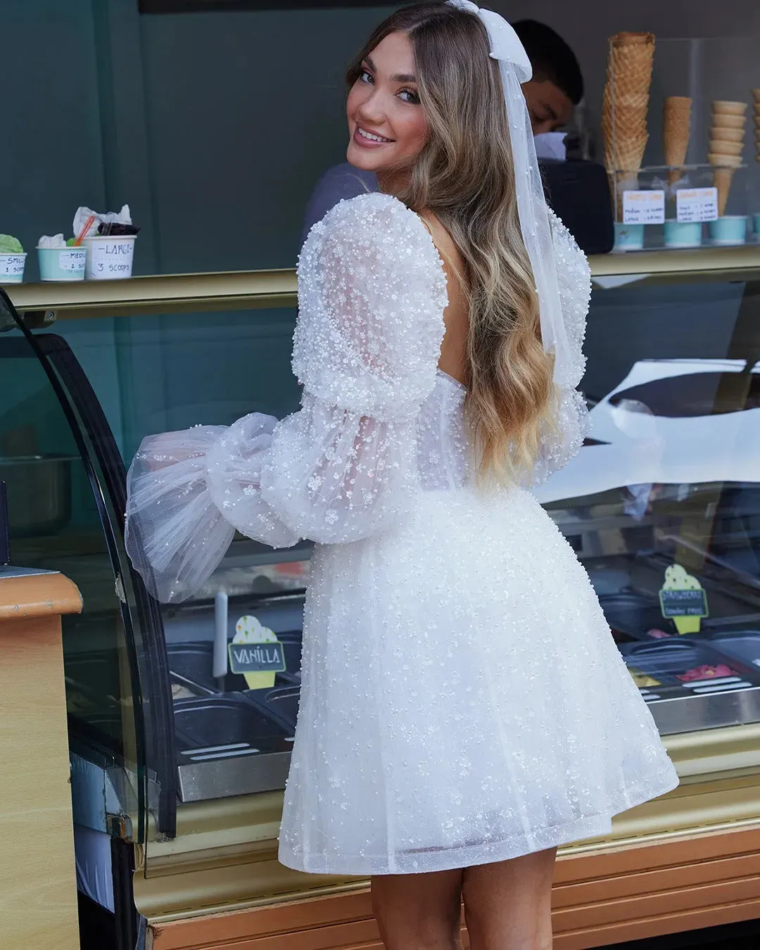 Princess Pearls 3D Flowers Short Wedding Dresses With Removable Puff Long Sleeves Sweetheart Bridal Gowns Boho Prom Dress