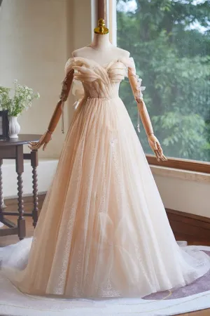 Princess Tulle Champagne Off the Shoulder Long Prom Dresses