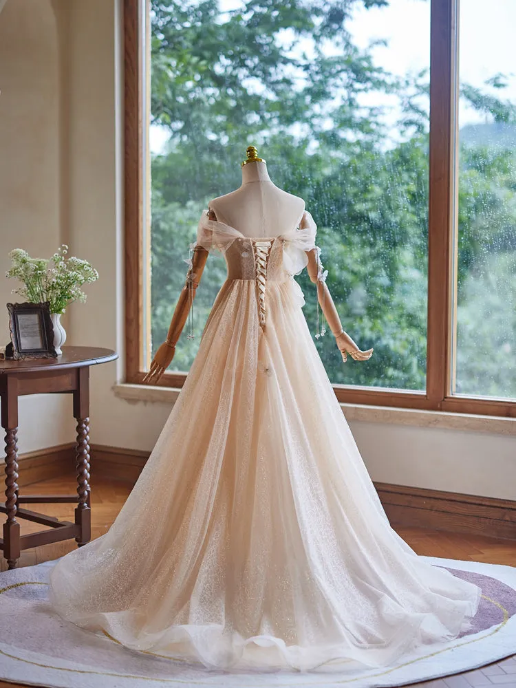 Princess Tulle Champagne Off the Shoulder Long Prom Dresses