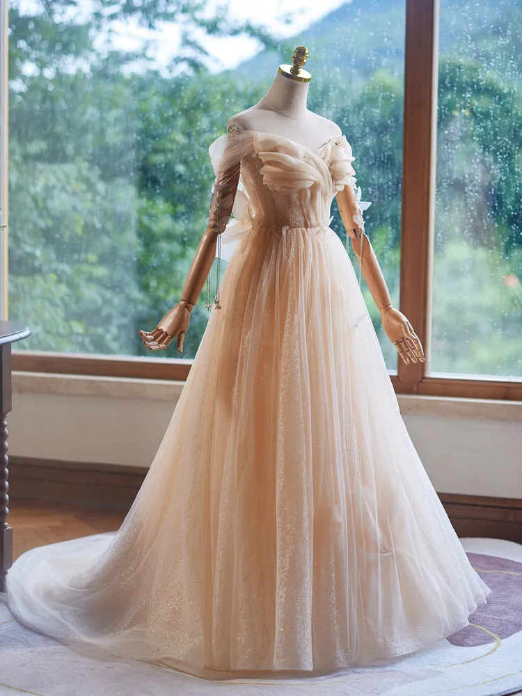 Princess Tulle Champagne Off the Shoulder Long Prom Dresses