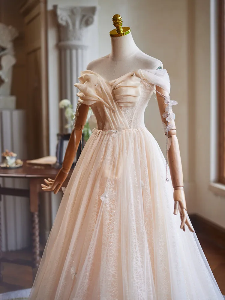 Princess Tulle Champagne Off the Shoulder Long Prom Dresses