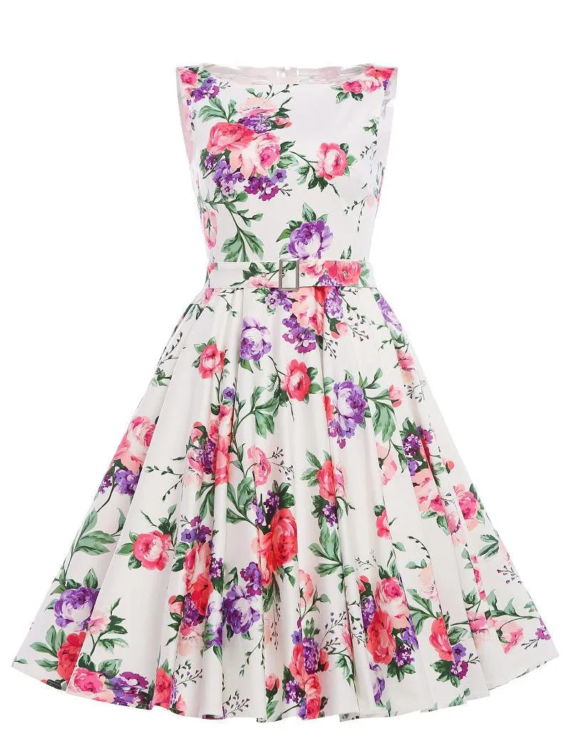 Print floral 50s 60s Vintage dresses Audrey Hepburn Sleeveless style summer retro dress Vestidos robe womens clothing