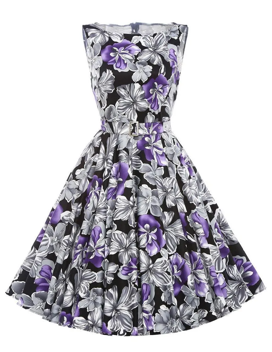 Print floral 50s 60s Vintage dresses Audrey Hepburn Sleeveless style summer retro dress Vestidos robe womens clothing