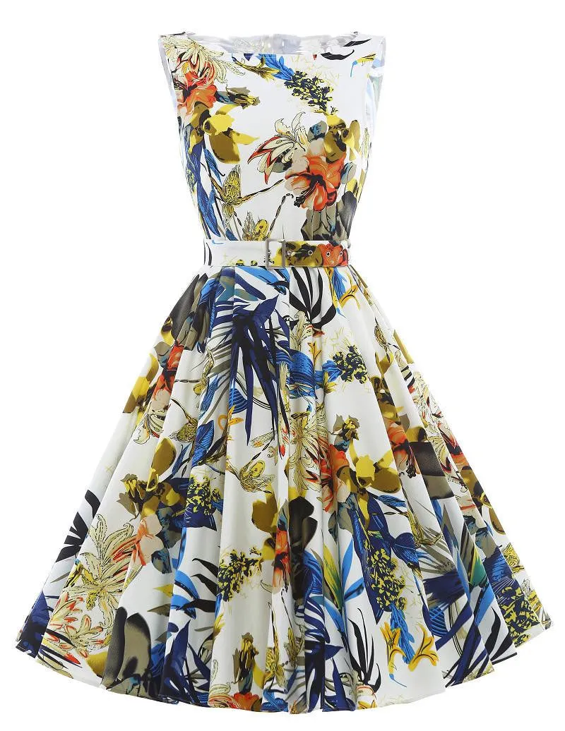 Print floral 50s 60s Vintage dresses Audrey Hepburn Sleeveless style summer retro dress Vestidos robe womens clothing