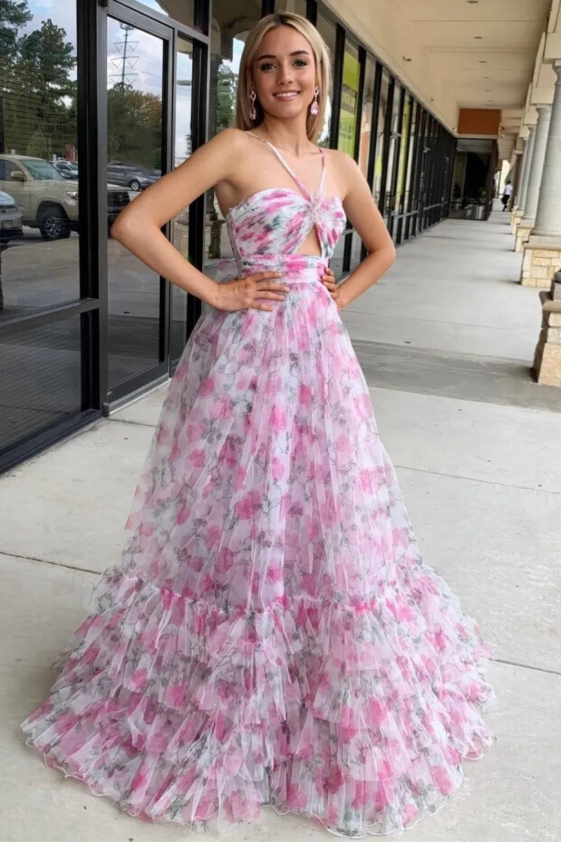 Print Halter Keyhole A-line Long Prom Dresses