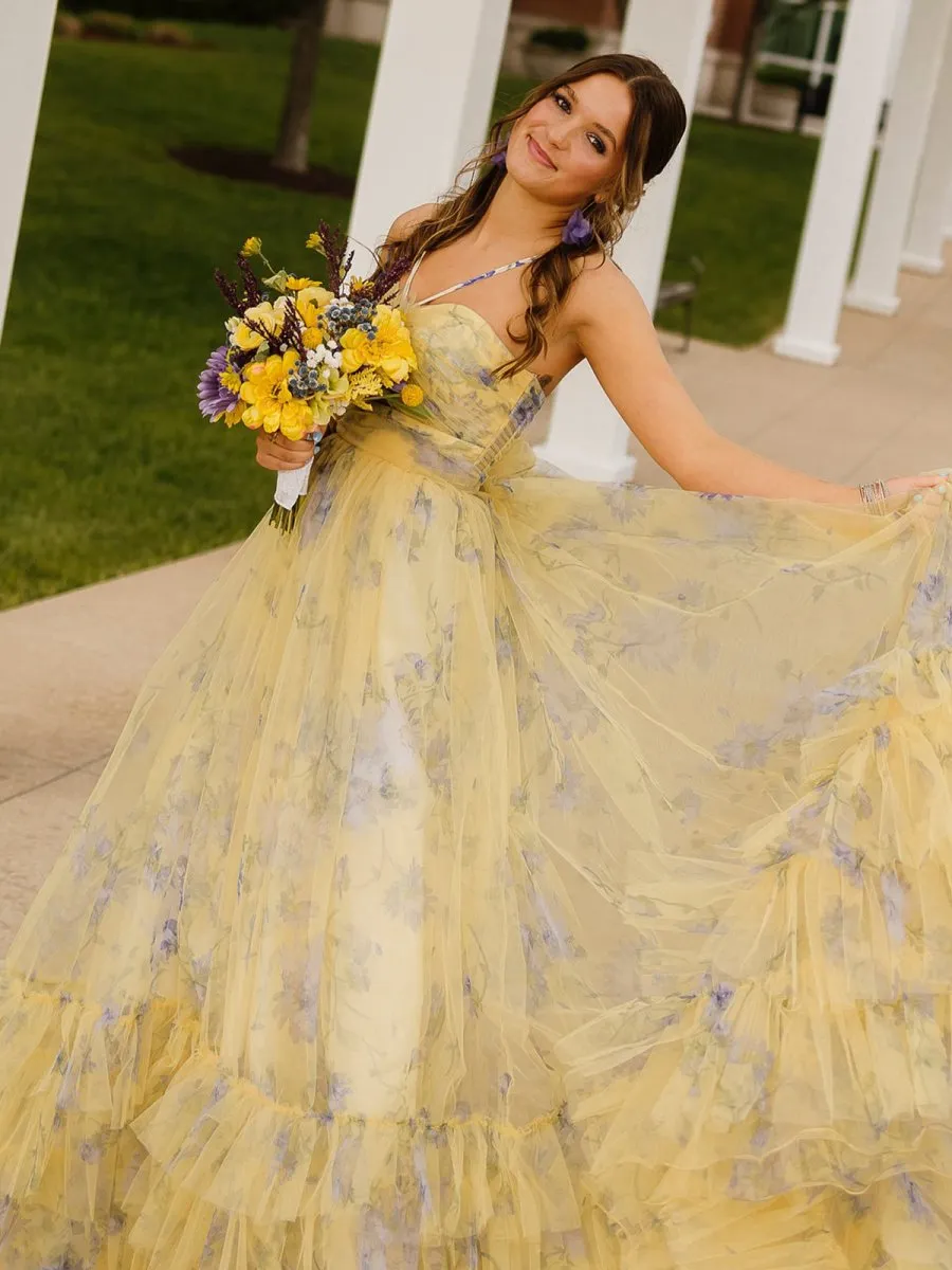 Print Halter Keyhole A-line Long Prom Dresses