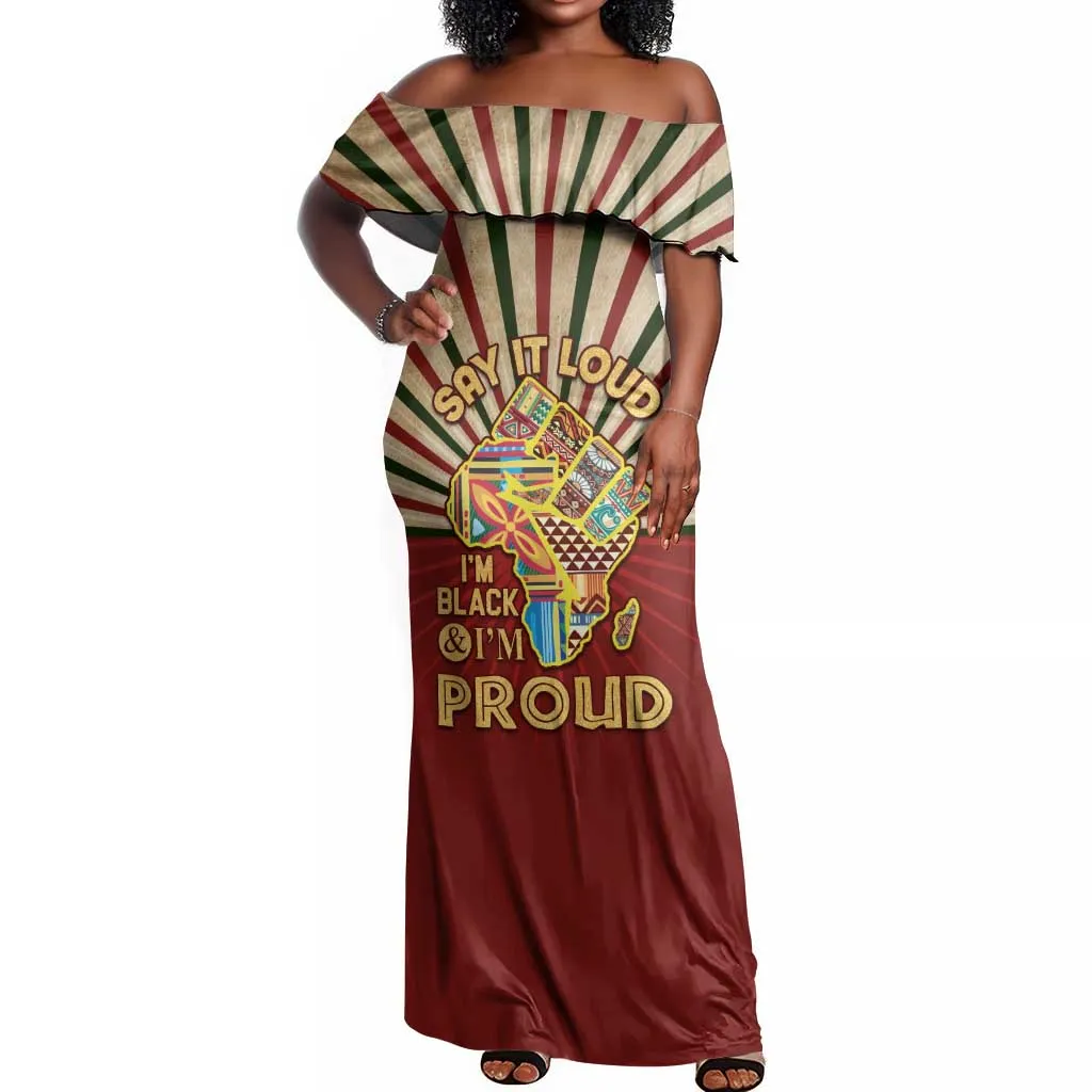 Proud African Off Shoulder Maxi Dress - Hand Up Africa Map Art DT02