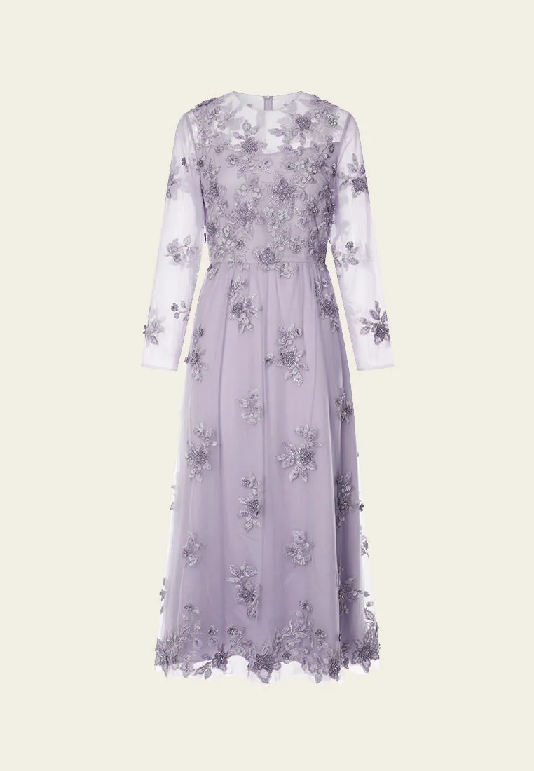 Purple 3D Floral Embellished Dinner Dress