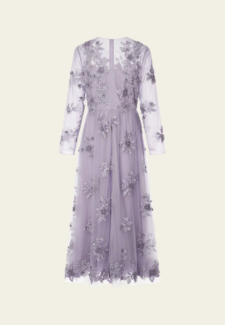 Purple 3D Floral Embellished Dinner Dress