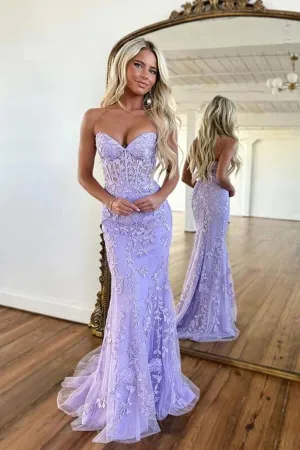 Purple Mermaid Sweetheart Neck Long Prom Dresses With Lace Appliques, MP752