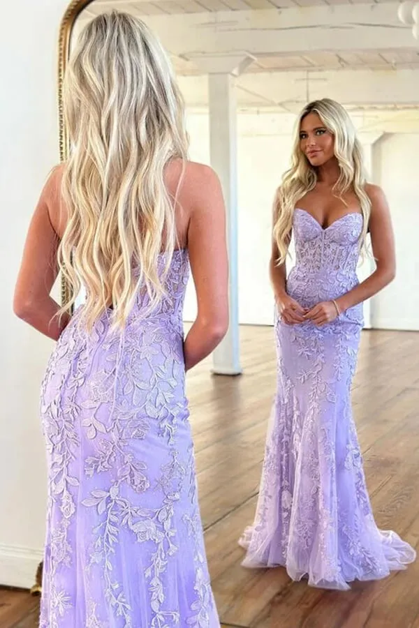 Purple Mermaid Sweetheart Neck Long Prom Dresses With Lace Appliques, MP752