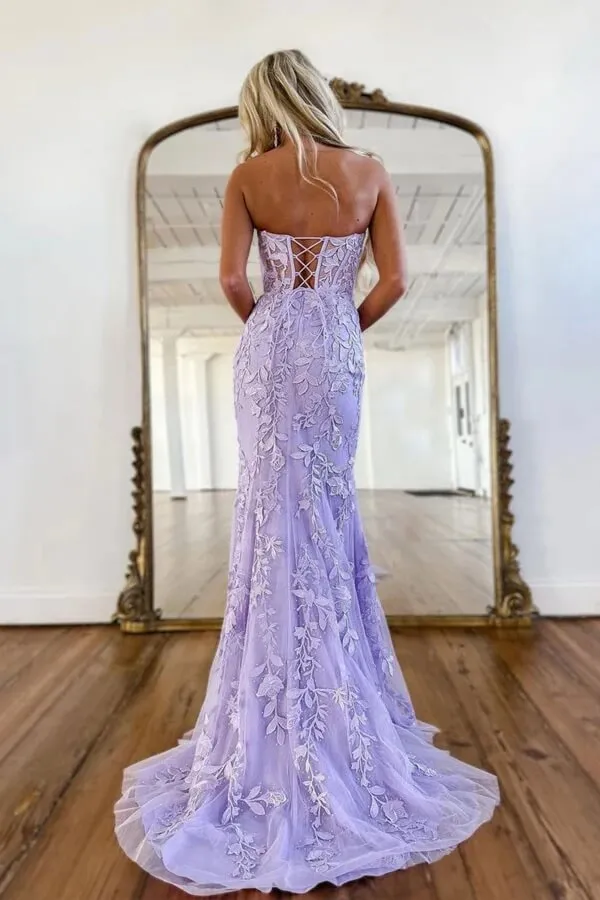 Purple Mermaid Sweetheart Neck Long Prom Dresses With Lace Appliques, MP752
