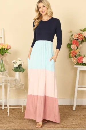 QUARTER SLEEVE COLOR BLOCK MAXI DRESS
