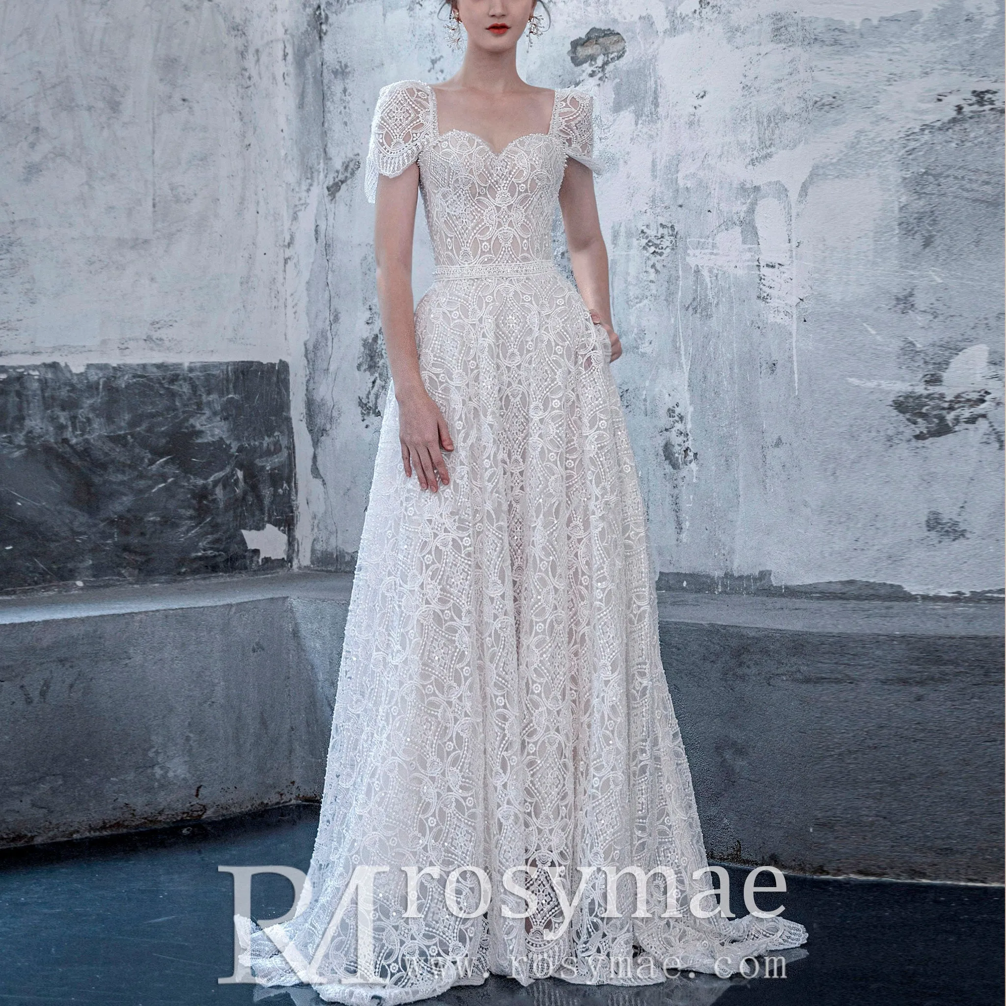 Queen Ann Lace A-line Wedding Dress with Pockets