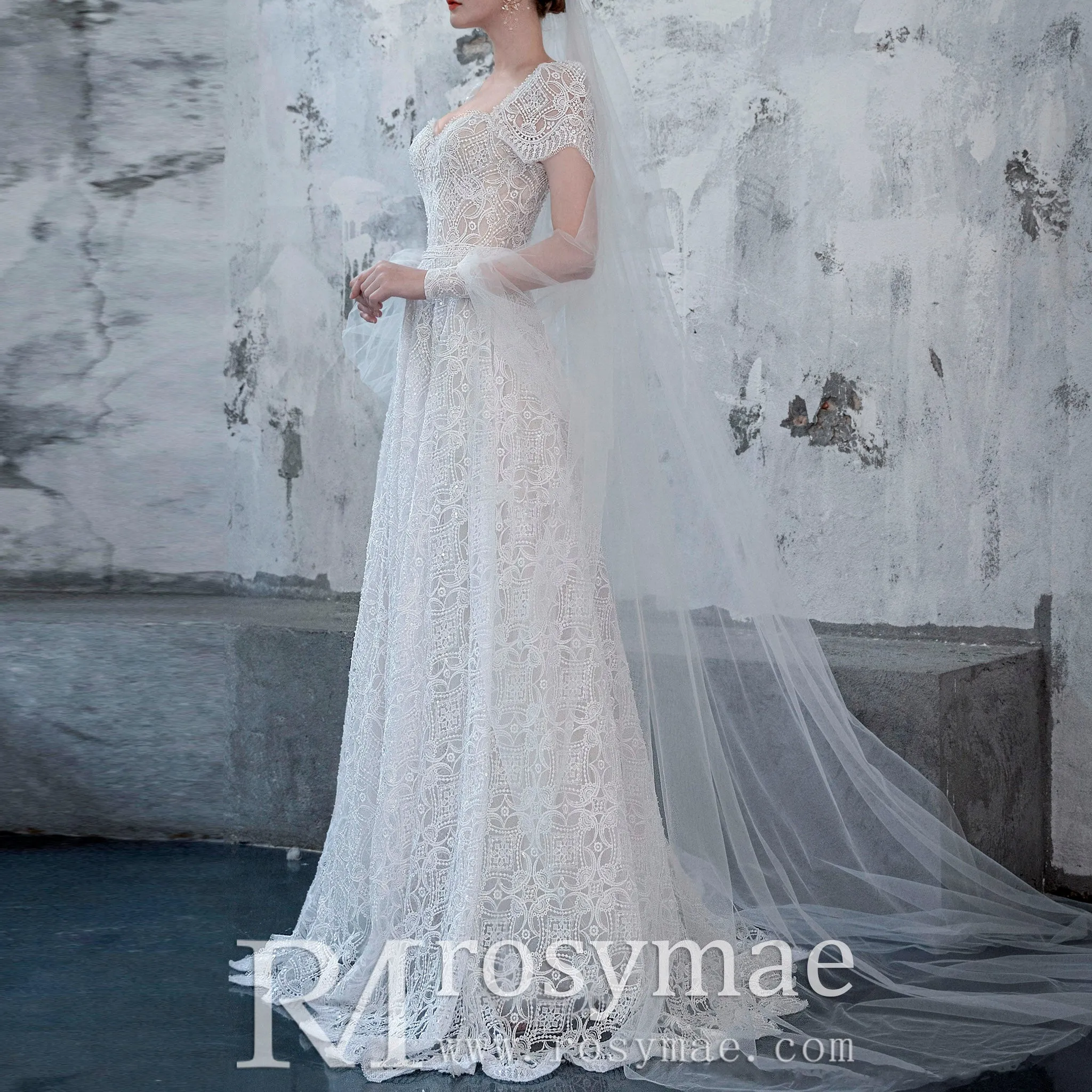 Queen Ann Lace A-line Wedding Dress with Pockets