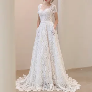 Queen Ann Lace A-line Wedding Dress with Pockets