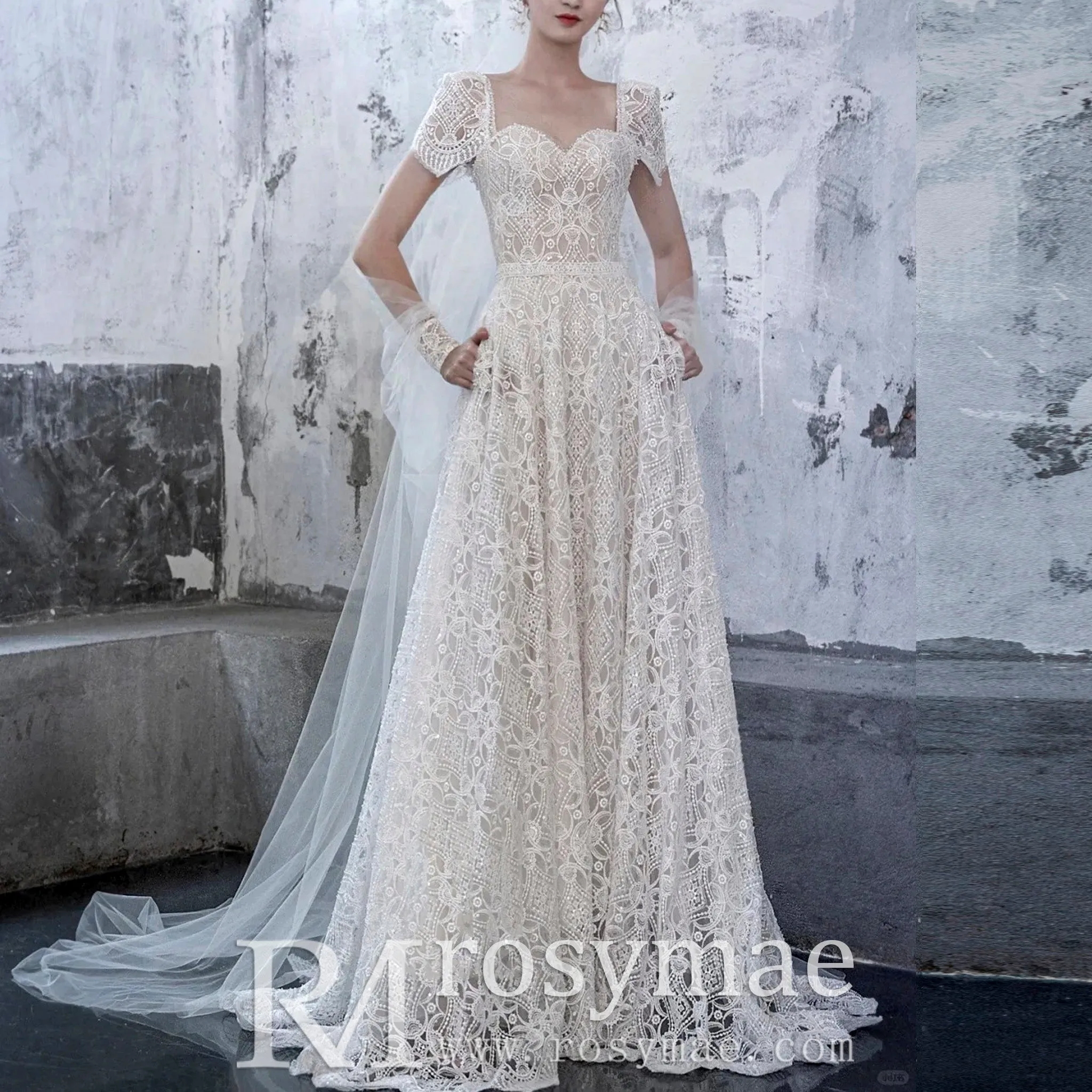 Queen Ann Lace A-line Wedding Dress with Pockets
