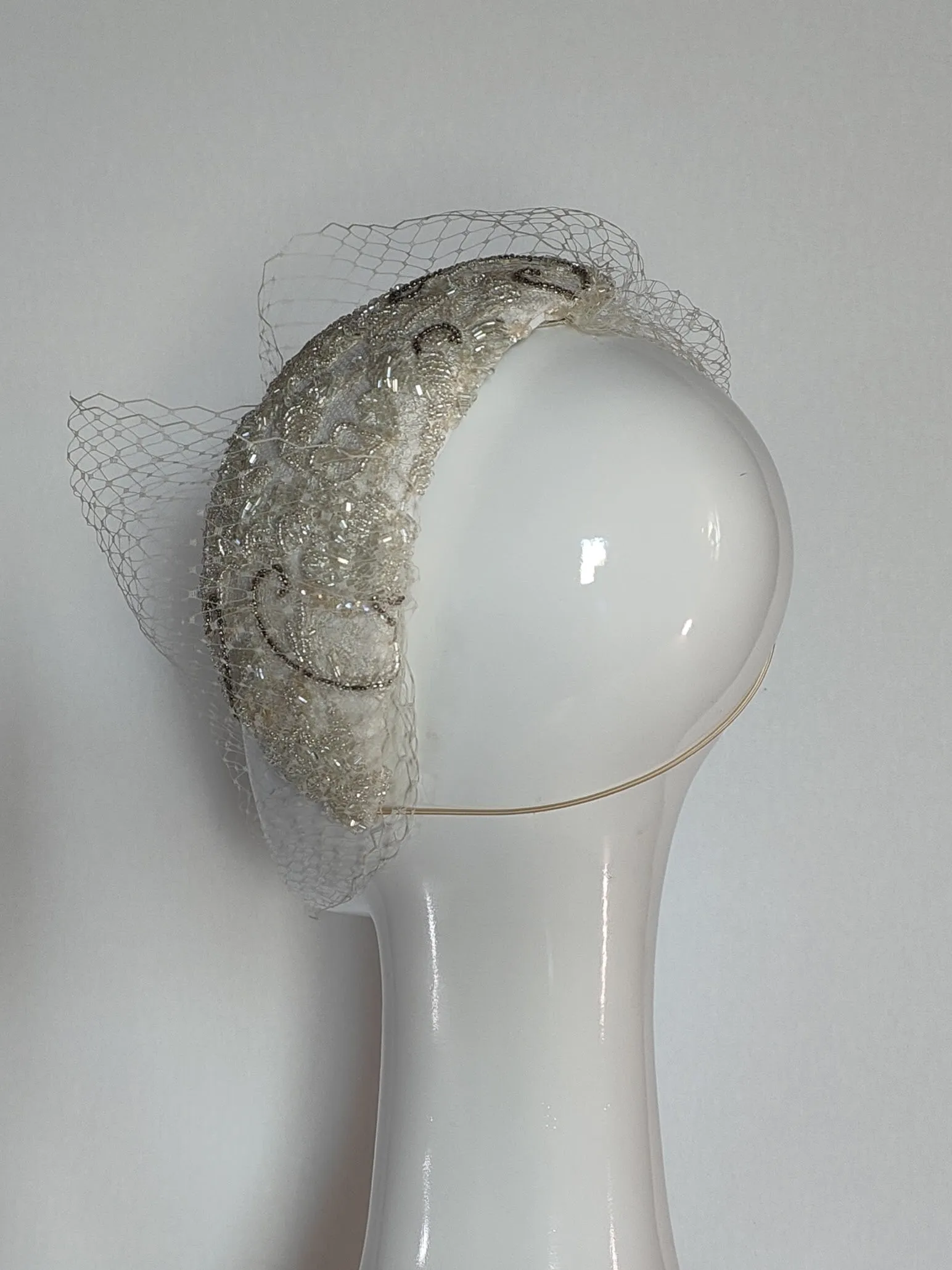 "Victoria" White Vintage Beaded Lace Side Sitting Bridal Headpiece With Attachable Veiling