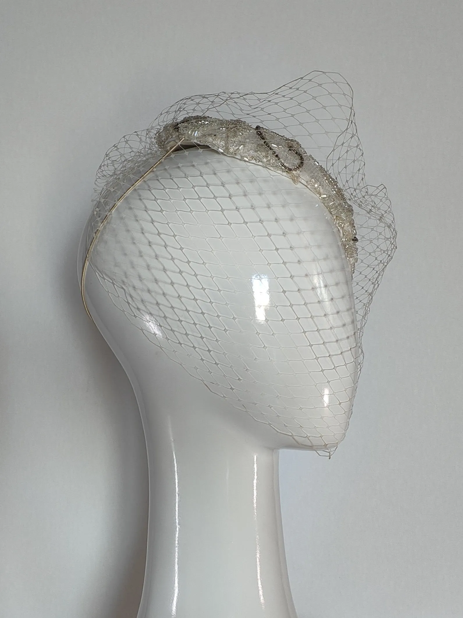 "Victoria" White Vintage Beaded Lace Side Sitting Bridal Headpiece With Attachable Veiling