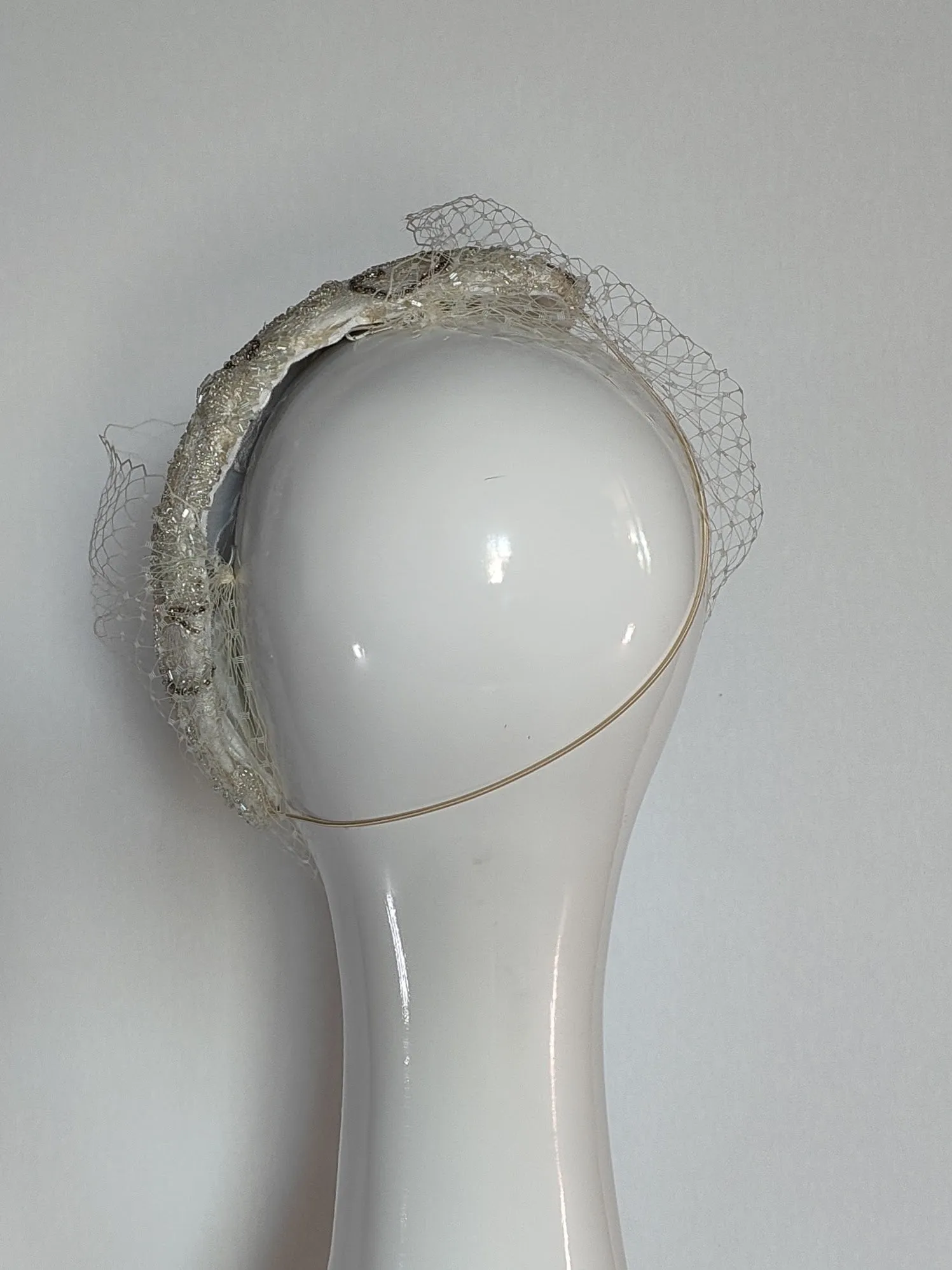 "Victoria" White Vintage Beaded Lace Side Sitting Bridal Headpiece With Attachable Veiling