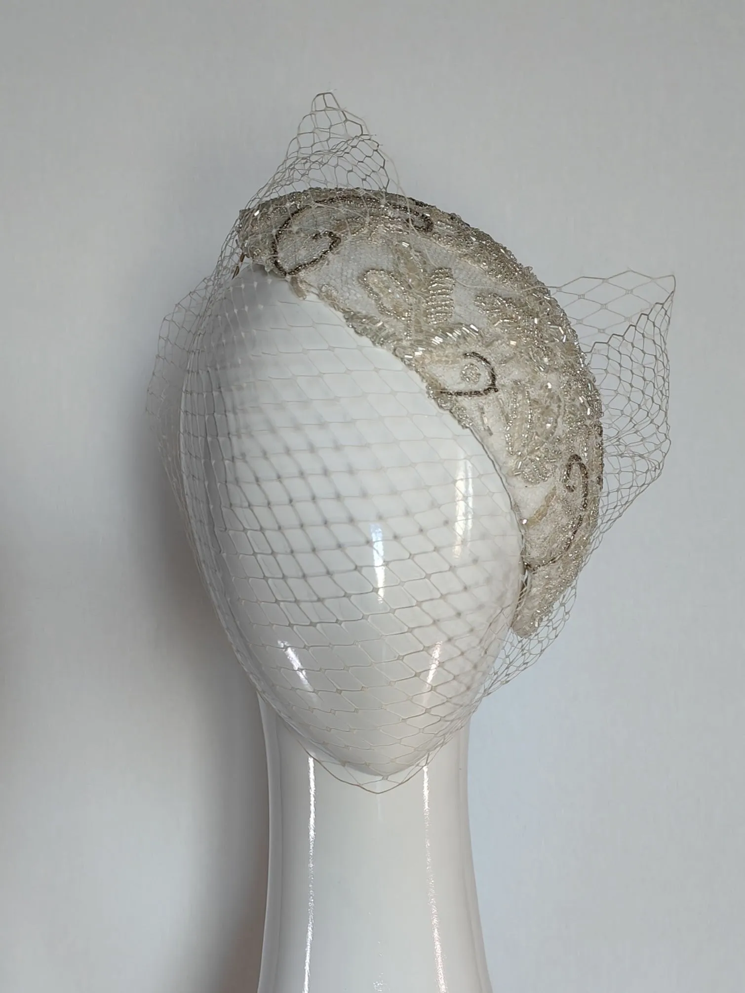 "Victoria" White Vintage Beaded Lace Side Sitting Bridal Headpiece With Attachable Veiling