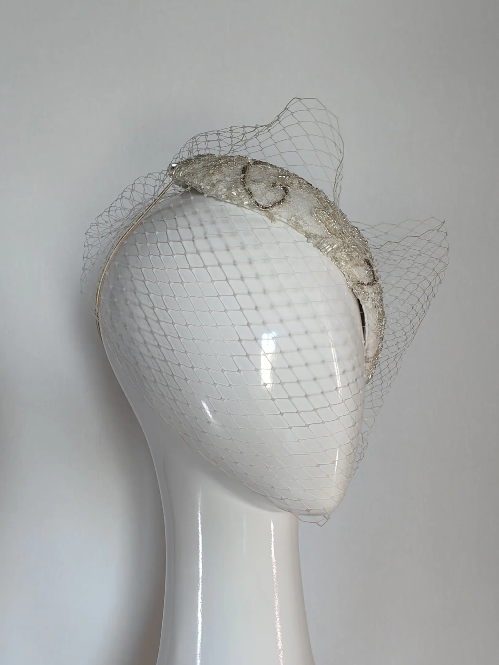 "Victoria" White Vintage Beaded Lace Side Sitting Bridal Headpiece With Attachable Veiling